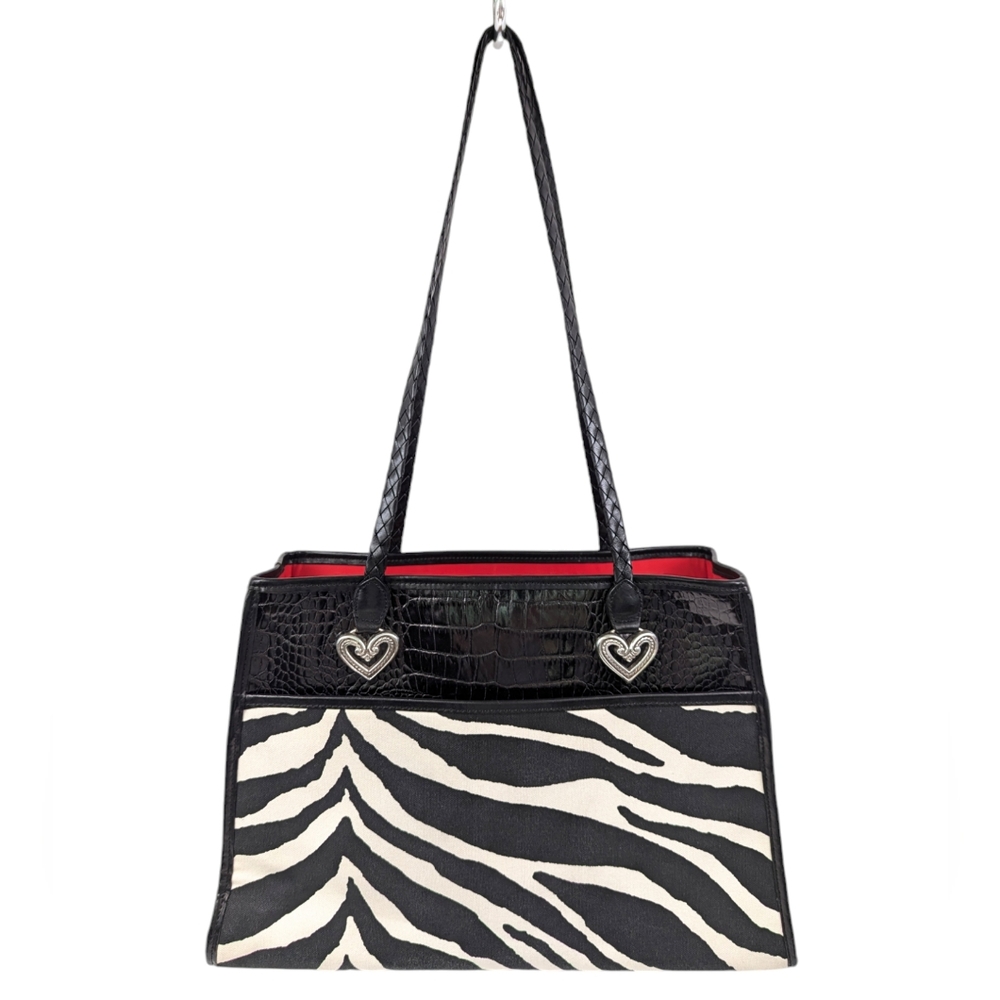 Brighton 2000 Tote Zebra Print Canvas Croc Embossed Faux Leather Braided Handles